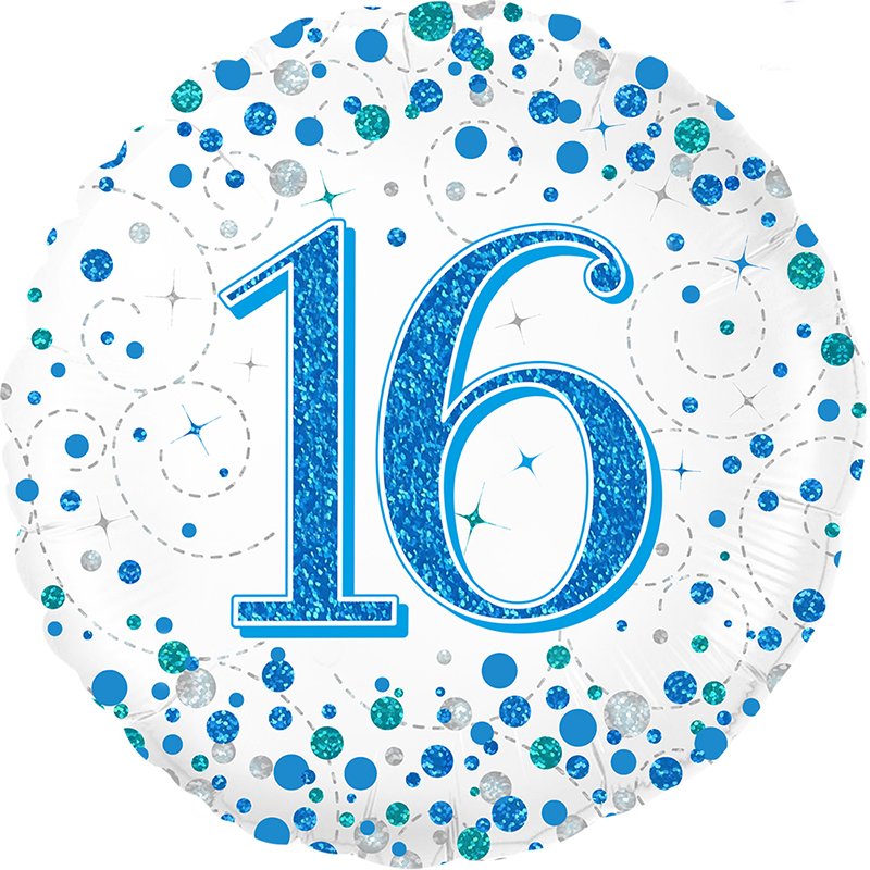 Male Holographic Blue Sparkling Fizz Happy 16th Birthday 18" | 46cm Helium Foil Balloon