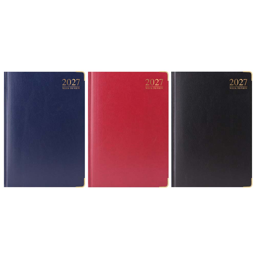 2027 A4 Week To View Premium Padded Metal Corner & Gilt Edged Diary, Assorted Colours Black, Blue & Burgundy