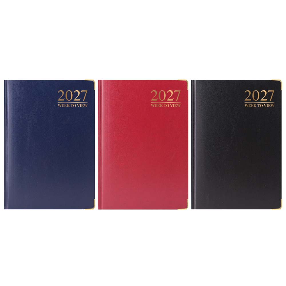 2027 A5 Week To View Dairy Premium Padded Metal Corner & Gilt Edged Diary, Assorted Colours Black, Blue & Burgundy