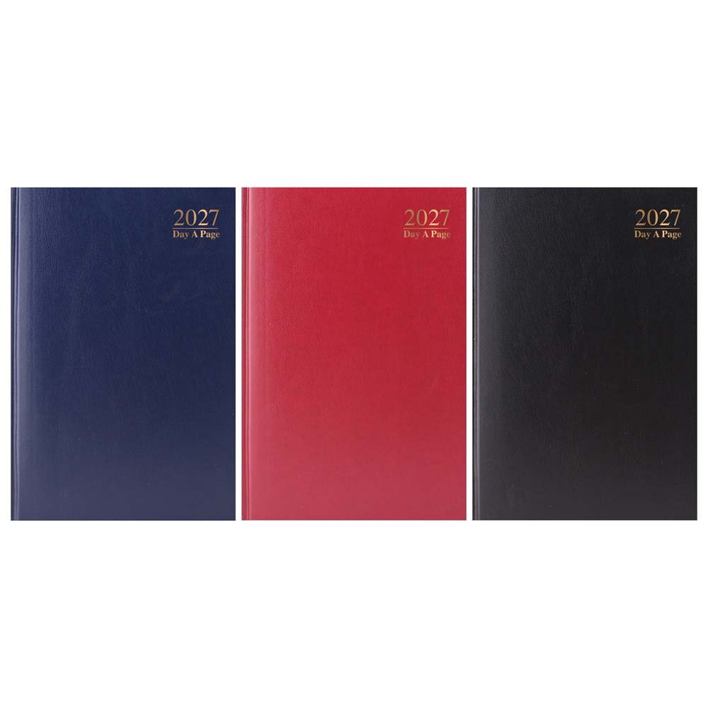 2027 A4 Day A Page Hard Back Value Range Diary, Assorted Colours Black, Blue & Burgundy