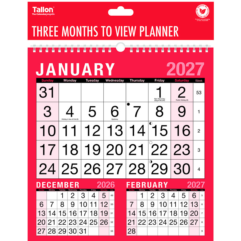 2027 Red & Black Three Month To View Calendar Planner