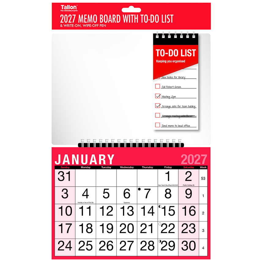2027 Red & Black One Month To View Calendar Planner with To-Do List, Memo Board, Wipe Oﬀ Board & Pen
