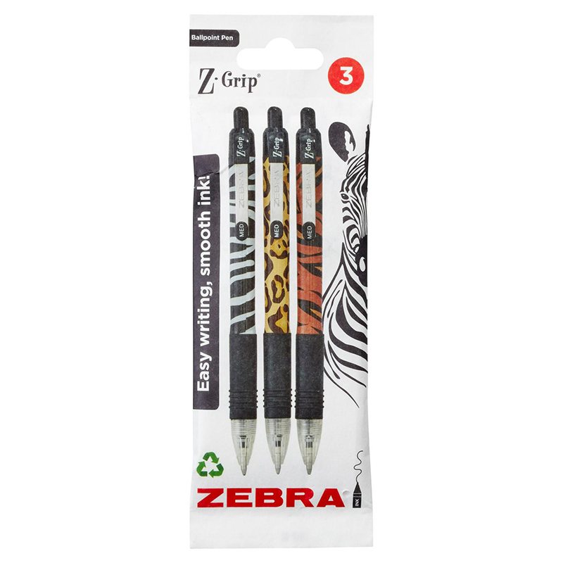 Zebra Z-Grip Funky Animal Zebra Ballpoint Pen 1.00mm 3PK Assorted