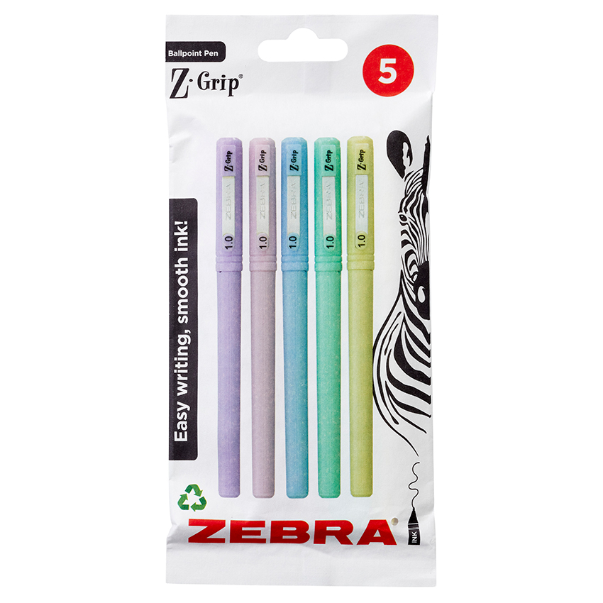 ZEBRA Z-GRIP STICK BP 1.0 PASTEL ASST BLACK INK PACK OF 5