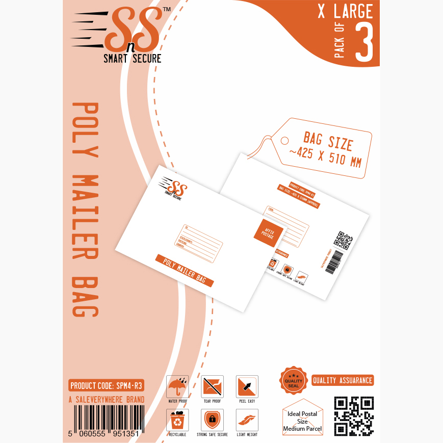 SnS X Large Poly Mailing Bag 425mmX510mm, Retail Pack of 3