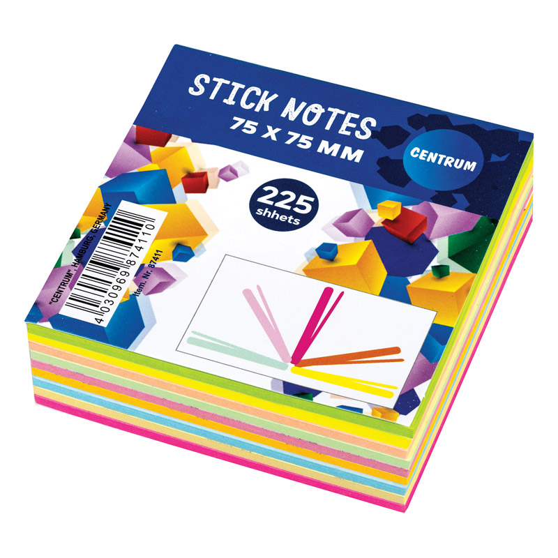 Sticky Static Memo Notes 75 x 75mm Neon Assorted Colours 225 Sheets