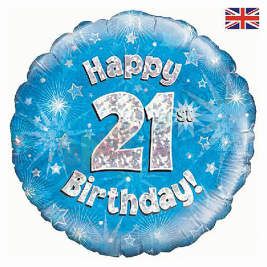 Blue Stars Holographic Happy 21st Birthday 18" | 46cm Helium Foil Balloon