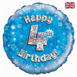 Blue Stars Holographic Happy 4th Birthday 18" | 46cm Helium Foil Balloon