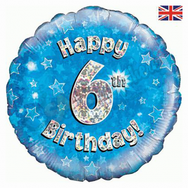 Blue Stars Holographic Happy 6th Birthday 18" | 46cm Helium Foil Balloon
