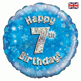 Blue Stars Holographic Happy 7th Birthday 18" | 46cm Helium Foil Balloon