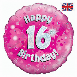 Pink Hearts Holographic Happy 16th Birthday 18" | 46cm Helium Foil Balloon