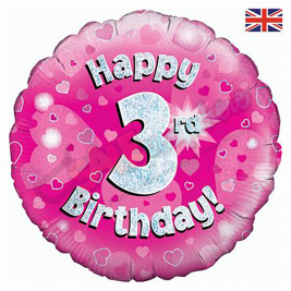 Pink Hearts Holographic Happy 3rd Birthday 18" | 46cm Helium Foil Balloon