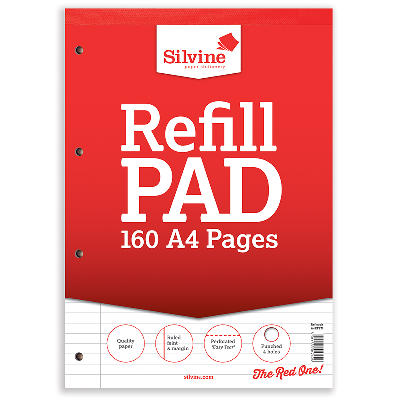 Silvine A4 Refill Pad Lined with Margin, 160 Pages