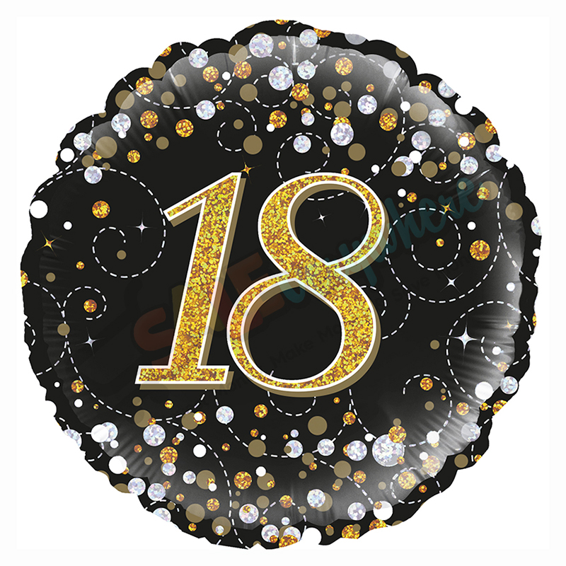 Black & Gold Holographic Sparkling Fizz Happy 18th Birthday 18" | 46cm Helium Foil
