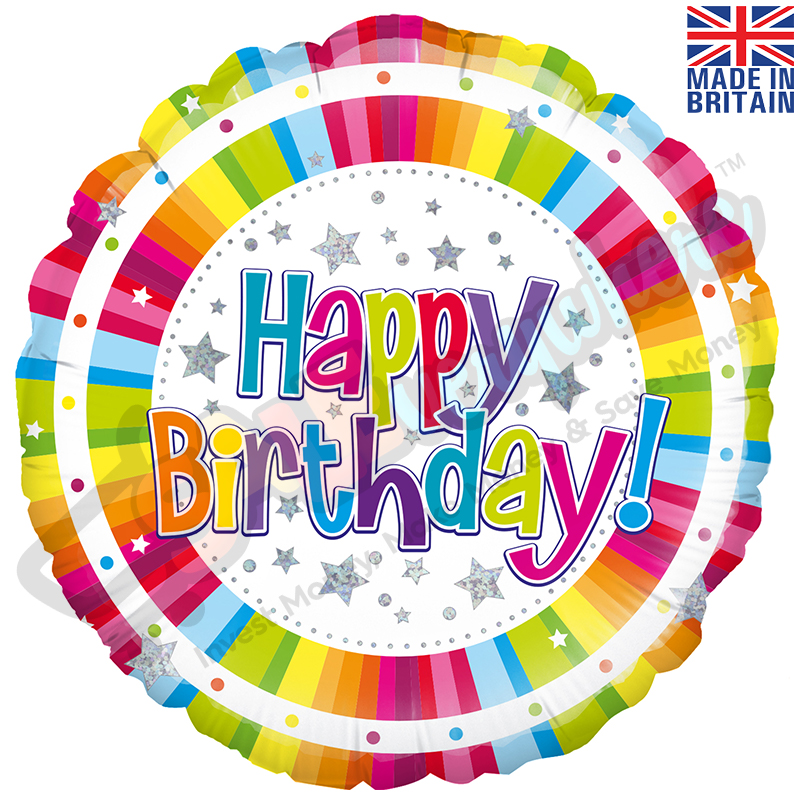 Holographic Bright Stripe Happy Birthday 18" | 46cm Helium Foil Balloon