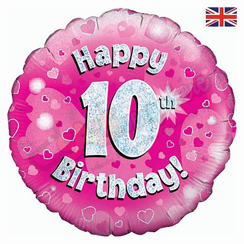 Pink Hearts Holographic Happy 10th Birthday 18" | 46cm Helium Foil Balloon