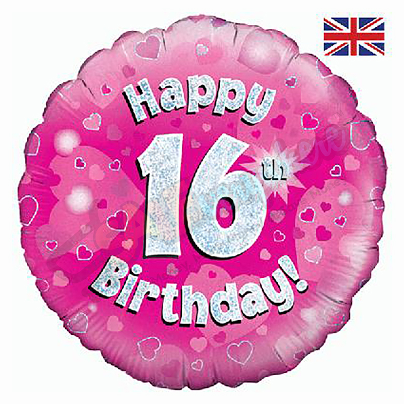 Pink Hearts Holographic Happy 16th Birthday 18" | 46cm Helium Foil Balloon