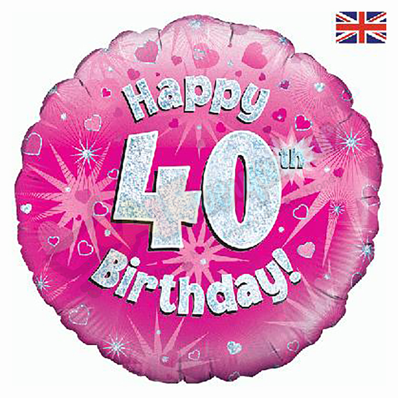 Pink Hearts Holographic Happy 40th Birthday 18" | 46cm Helium Foil Balloon